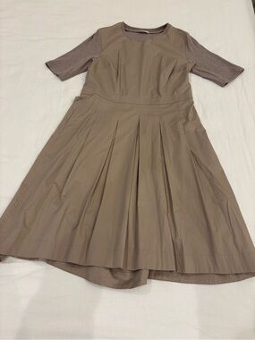 Peserico Taupe Midi Pleated Short-Sleeve Dress- mixed fabric